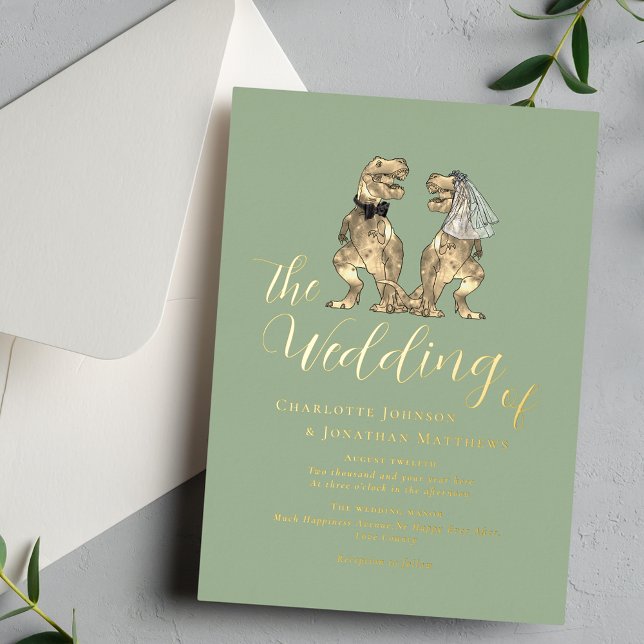 Invitación Con Relieve Metalizado Boda del tema de los dinosaurios Sage Green Gold (Dinosaur theme wedding sage green gold foil invitation Elegant modern script calligraphy T-Rex dino)