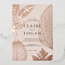 Invitación Con Relieve Metalizado Boda delicada de hojas doradas rosa beige