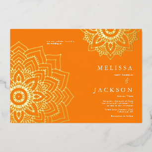 Invitación Con Relieve Metalizado Boda delicada mandala de oro naranja