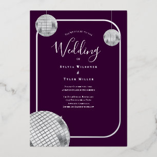 Invitación Con Relieve Metalizado Boda Disco Retro Morado Plateado