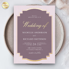 Invitación Con Relieve Metalizado Boda dorada con foto a rayas de lavanda pastel