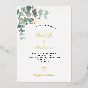 Invitación Con Relieve Metalizado Boda dorada con vegetación de eucalipto