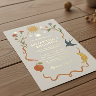 Invitación Con Relieve Metalizado Boda dorada floral y celestial caprichosa
