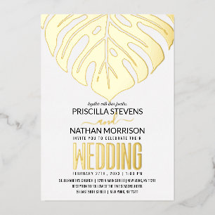 Invitación Con Relieve Metalizado Boda Dorada Moderna Tropical Hoja de Queso Suizo