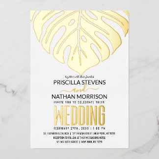 Invitación Con Relieve Metalizado Boda Dorada Moderna Tropical Hoja de Queso Suizo