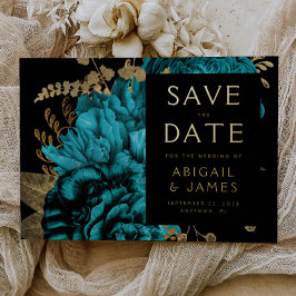 Invitación Con Relieve Metalizado Boda dorada turquesa floral oscura salva la fecha