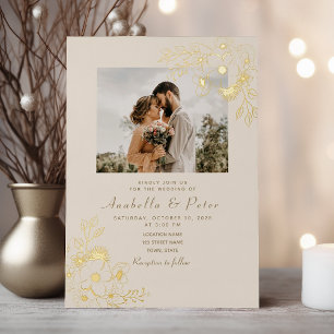 Invitación Con Relieve Metalizado Boda dorado de flores doradas