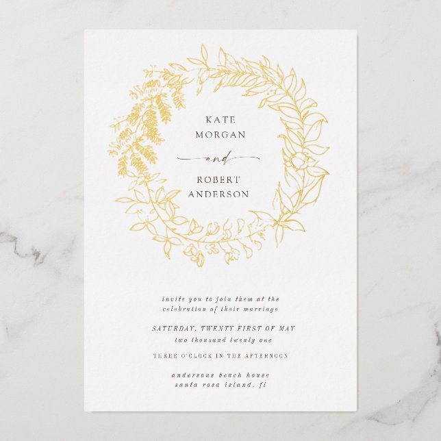 Invitación Con Relieve Metalizado boda dorado romántico floral (Anverso)