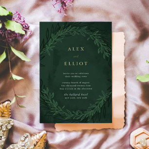 Invitación Con Relieve Metalizado Boda dramática acuarela verde esmeralda dorado