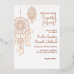 Invitación Con Relieve Metalizado Boda Dreamcatcher de plumas tribal boho