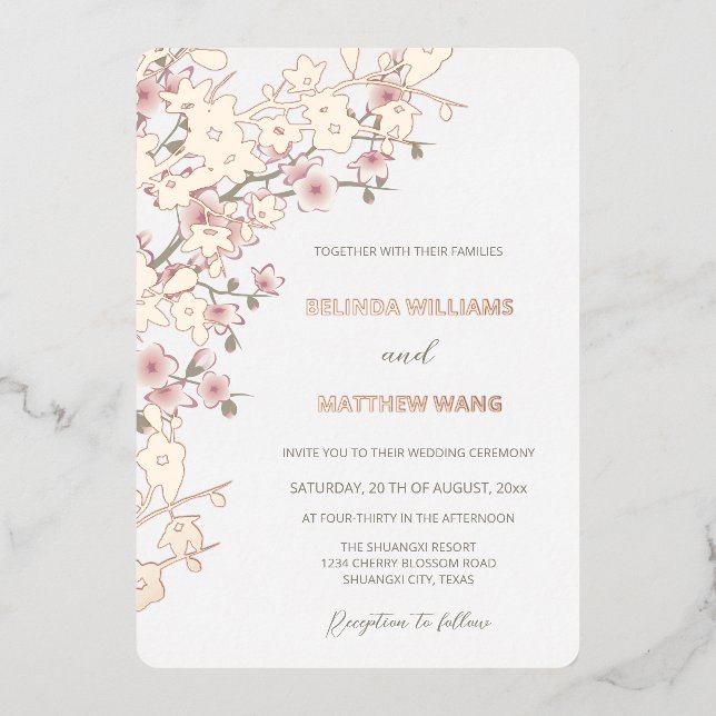 Invitación Con Relieve Metalizado Boda Dusty Pink Rose Gold Cherry Blossom (Anverso)