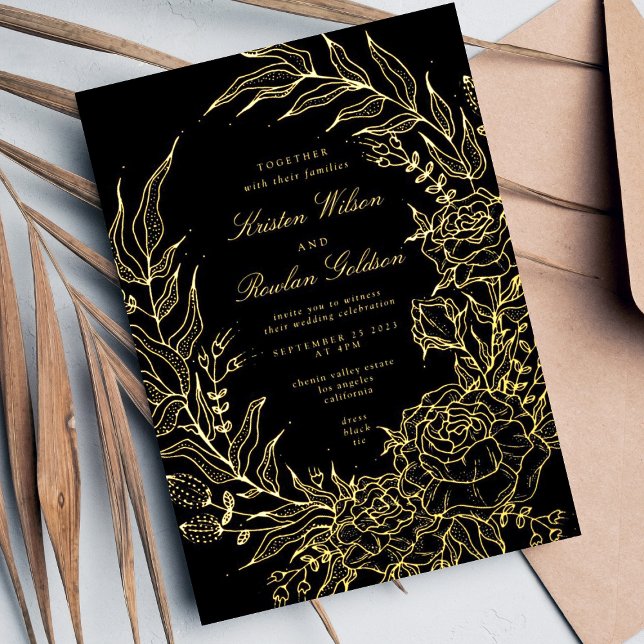 Invitación Con Relieve Metalizado Boda editable Black Flower GOLD Wreath (Subido por el creador)