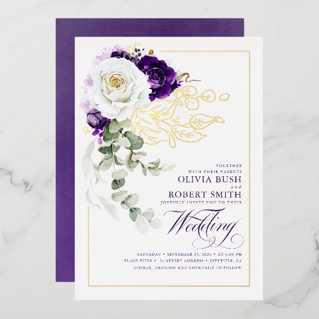 Invitación Con Relieve Metalizado Boda Eggplant Morado y Floral Blanca Boho (Anverso/Reverso)