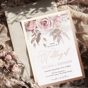 Invitación Con Relieve Metalizado Boda Elegancia Rosa Polvo Rubor Borde Oro Rosado