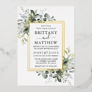 Invitación Con Relieve Metalizado Boda Elegante Acuarela Verde 2 Marco Dorado