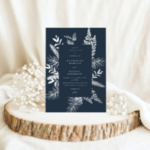 Invitación Con Relieve Metalizado Boda Elegante Azul Oscuro Foliage de Invierno