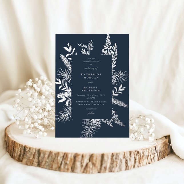 Invitación Con Relieve Metalizado Boda Elegante Azul Oscuro Foliage de Invierno (Subido por el creador)