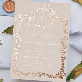 Invitación Con Relieve Metalizado Boda Elegante Blush monograma Cresta de Oro Rosa