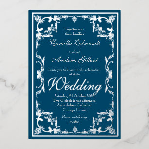 Invitación Con Relieve Metalizado Boda Elegante Borde Ornado de Teal y Plata