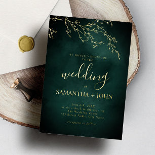 Invitación Con Relieve Metalizado Boda elegante botánica verde esmeralda y dorada