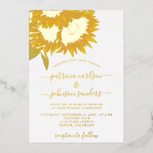 Invitación Con Relieve Metalizado Boda elegante con girasoles y hoja de oro con letr