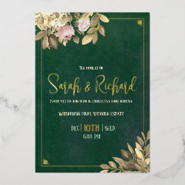 Invitación Con Relieve Metalizado Boda elegante con hoja de oro y verde esmeralda