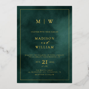 Invitación Con Relieve Metalizado Boda elegante con monograma y borde verde esmerald
