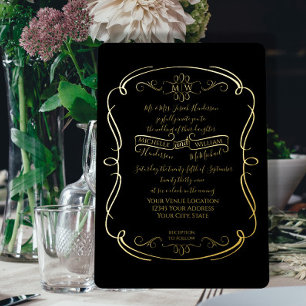 Invitación Con Relieve Metalizado Boda Elegante con Pergaminos Vintage Negro y Oro