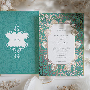 Invitación Con Relieve Metalizado Boda elegante con rosa dorado y azul teal