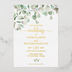 Invitación Con Relieve Metalizado Boda elegante de acuarela de eucalipto verde