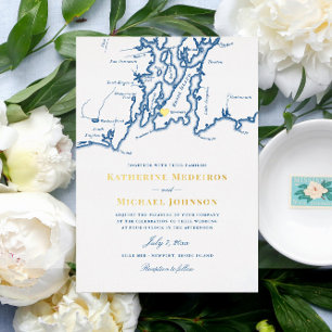 Invitación Con Relieve Metalizado Boda elegante de azul marino en Newport Rhode Isla