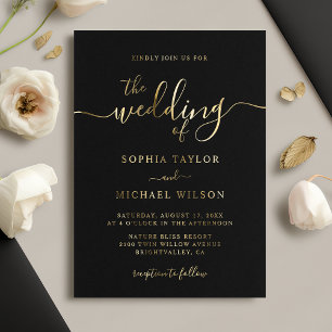 Invitación Con Relieve Metalizado Boda elegante de caligrafía moderna en negro y dor