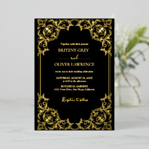Invitación Con Relieve Metalizado Boda elegante de damasco negro y dorado