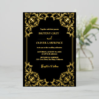 Invitación Con Relieve Metalizado Boda elegante de damasco negro y dorado