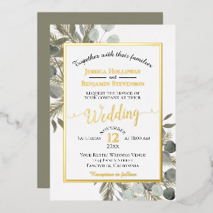 Invitación Con Relieve Metalizado Boda elegante de eucalipto rústico y plata