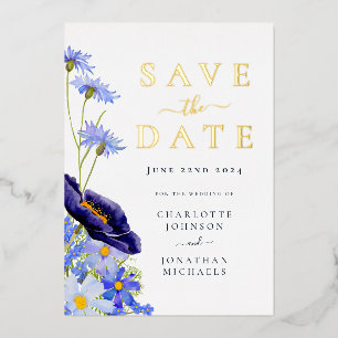 Invitación Con Relieve Metalizado Boda elegante de flores silvestres doradas y azul 