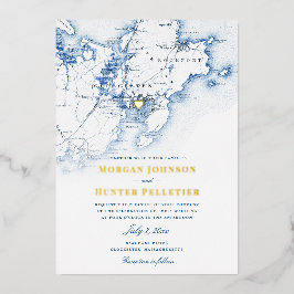 Invitación Con Relieve Metalizado Boda elegante de Gloucester Cape Ann en azul marin