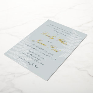 Invitación Con Relieve Metalizado Boda elegante de helecho blanco azul polvoriento