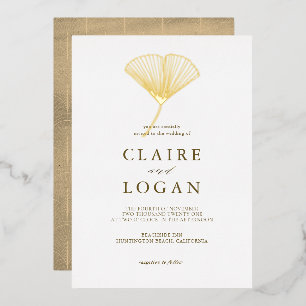 Invitación Con Relieve Metalizado Boda elegante de hoja de ginkgo dorada