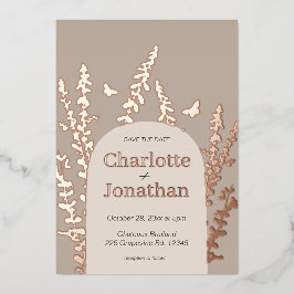 Invitación Con Relieve Metalizado Boda elegante de jardín con hojas y mariposas 
