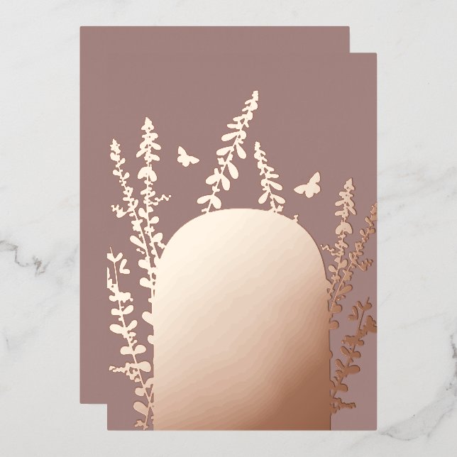 Invitación Con Relieve Metalizado Boda elegante de jardín con hojas y mariposas  (Anverso/Reverso)
