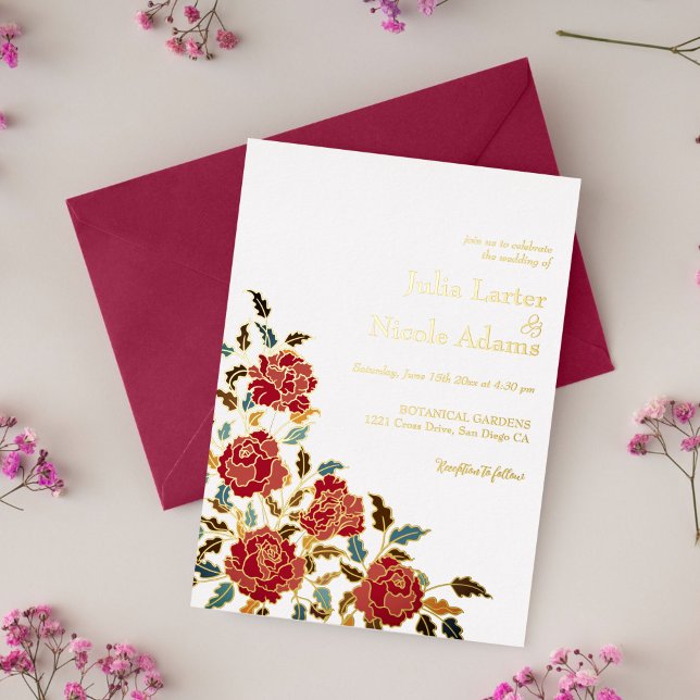 Invitación Con Relieve Metalizado Boda elegante de la flor rosa roja dorada (Subido por el creador)