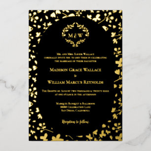 Invitación Con Relieve Metalizado Boda elegante de lujo con monograma floral negro y