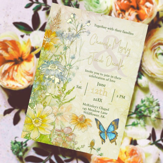 Invitación Con Relieve Metalizado Boda elegante de Meadow Boho Wildflower (Perfect for Elegant Boho and Garden Wedding Themes.  View Collection for Matching Stationery.)