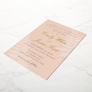 Invitación Con Relieve Metalizado Boda elegante de melocotón blanco suave y helecho