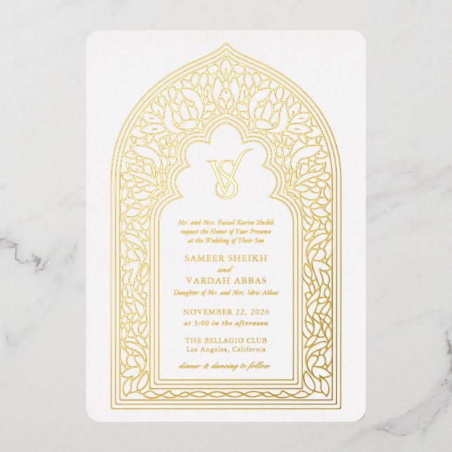 Invitación Con Relieve Metalizado Boda elegante de oro árabe (Anverso)