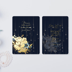 Invitación Con Relieve Metalizado Boda elegante de oro hoja floral y luces azul mari