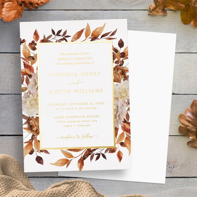 Invitación Con Relieve Metalizado Boda elegante de oro otoño (Watercolor Floral Fall Leaves Gold Elegant Wedding Foil Invitation by Painted Paperie
)