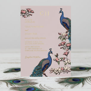 Invitación Con Relieve Metalizado Boda elegante de peacock floral con rubor