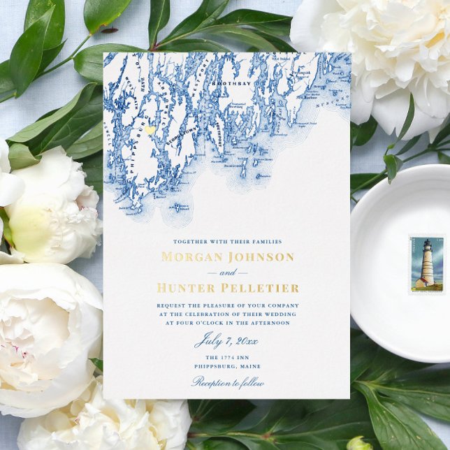 Invitación Con Relieve Metalizado Boda elegante del Maine de Filipinas (This 1774 Inn gold foil and navy blue Maine map invitation is perfect for your Phippsburg wedding)